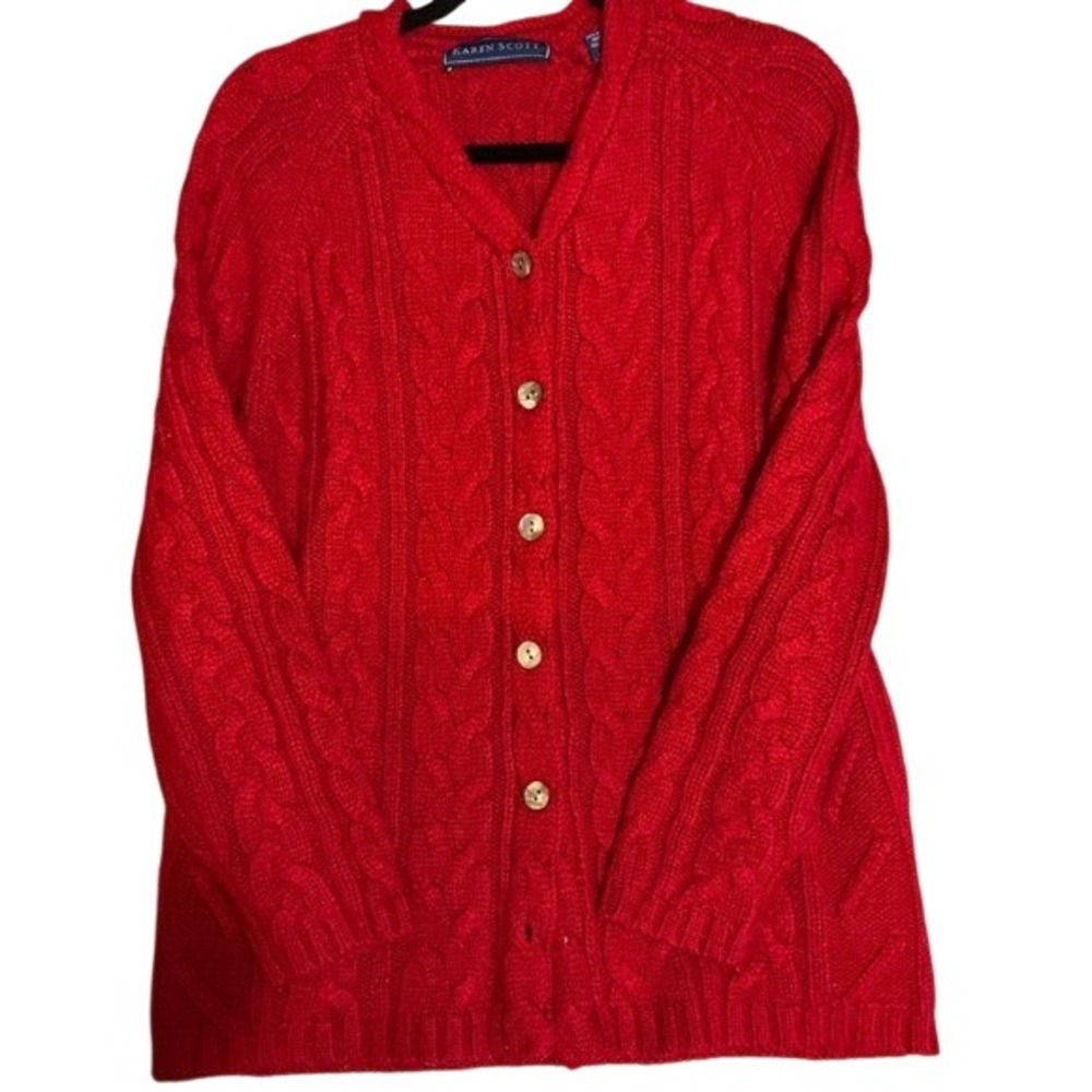 Vintage Karen Scott Red Cable Knit Button Front Cardigan Sweater Women‎ Size S